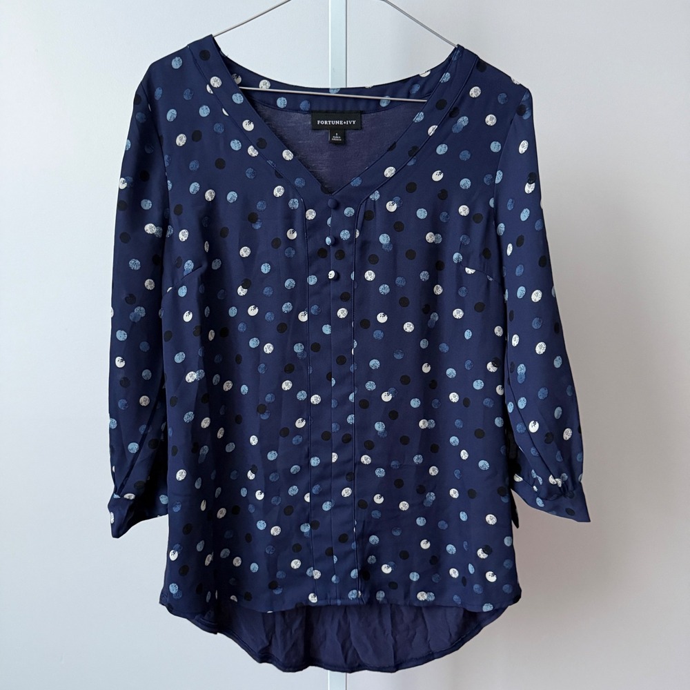 FORTUNE+IVY sz S Navy Blue Polka Dot  Long Sleeve Blouse Top Career Office Siren